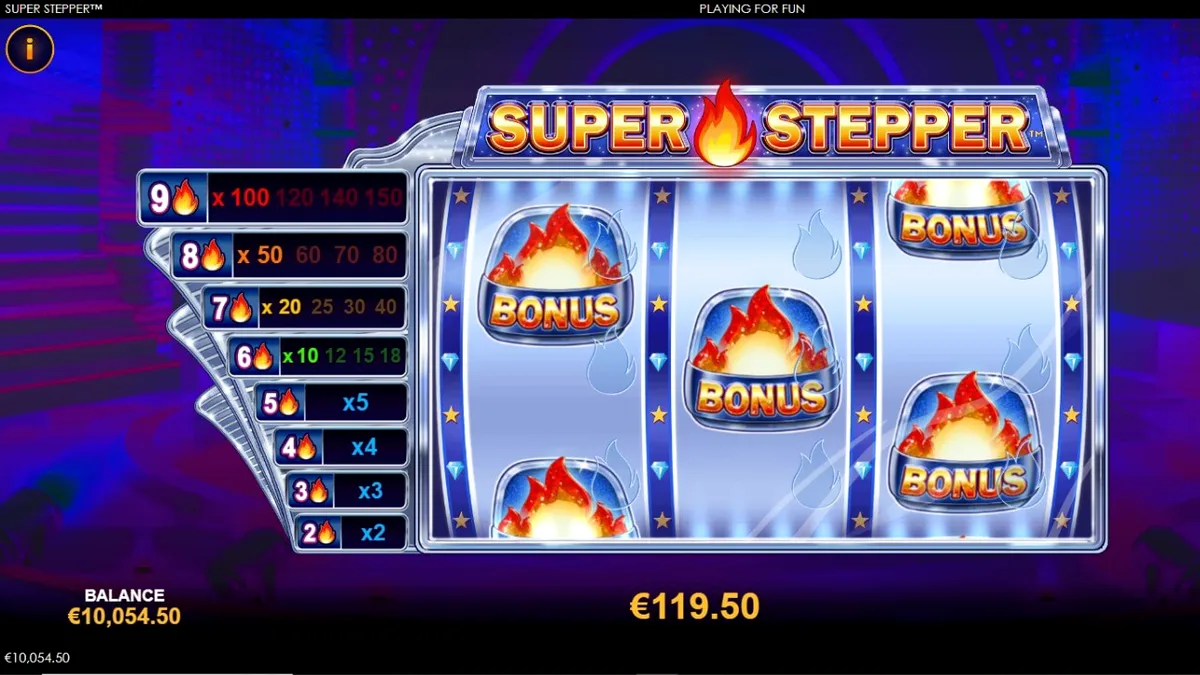 Tampilan visual neon retro pada slot Super Stepper