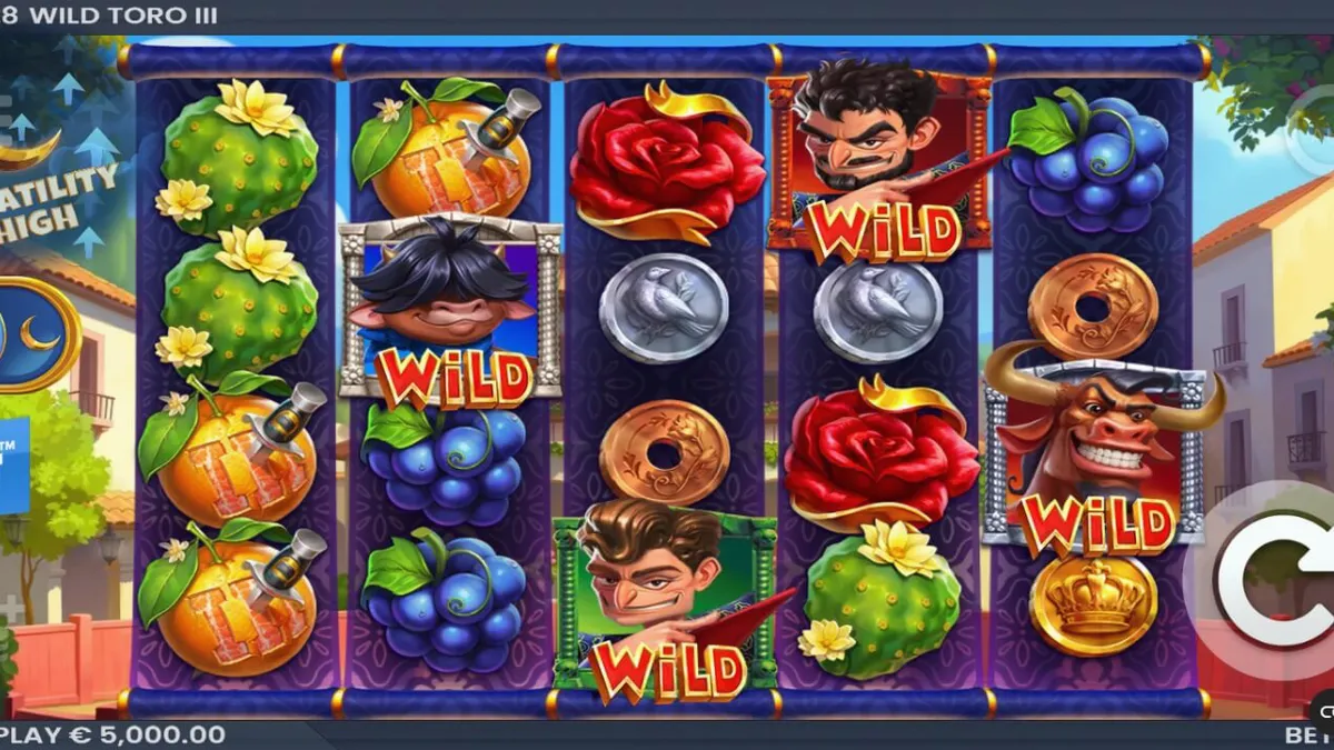 Visual penuh aksi dari slot Wild Toro 3 dengan latar belakang desa Spanyol.
