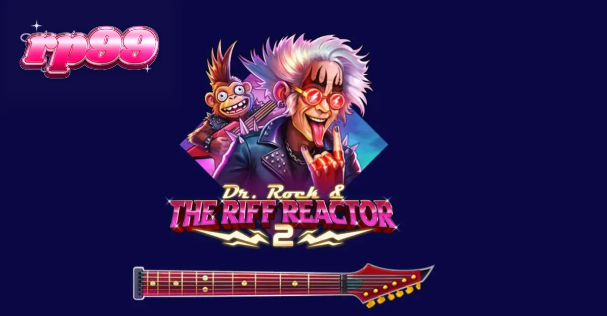 Pemandangan panggung konser neon di slot Dr. Rock & the Riff Reactor 2